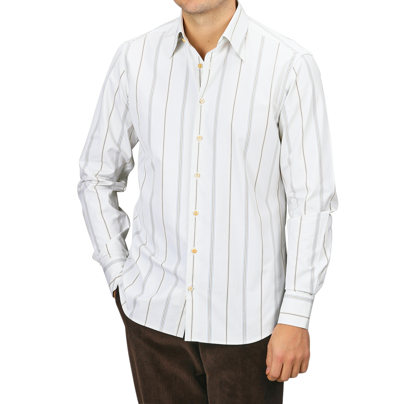 A person wearing a Light Blue Striped Cotton Fitted Body Shirt by Stenströms and brown pants with their hands in their pockets.