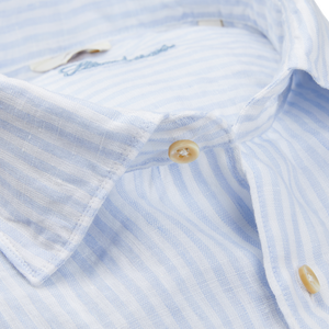 A close up of a Stenströms Light Blue Striped Linen Slimline Shirt.