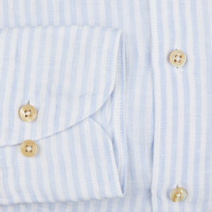 A close up of a Light Blue Striped Linen Slimline Shirt by Stenströms.