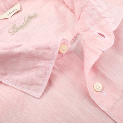 A close-up of the Light Pink Linen Cutaway Slimline Shirt by Stenströms shows the brand label near the collar, making it a perfect summer essential.