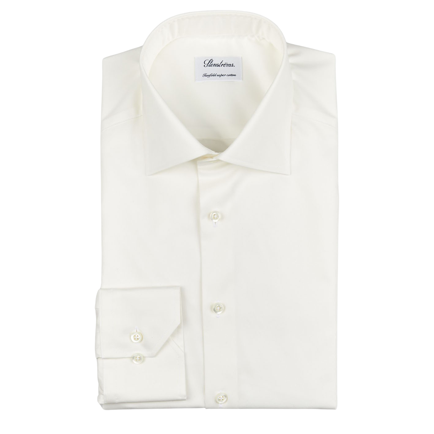 A Stenströms Off-White Cotton Twill Fitted Body Shirt with a comfortable fit on a white background.