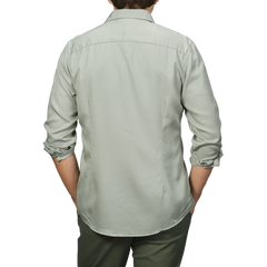 Person wearing a Stenströms Pale Green Lyocell Slimline Shirt, viewed from behind.