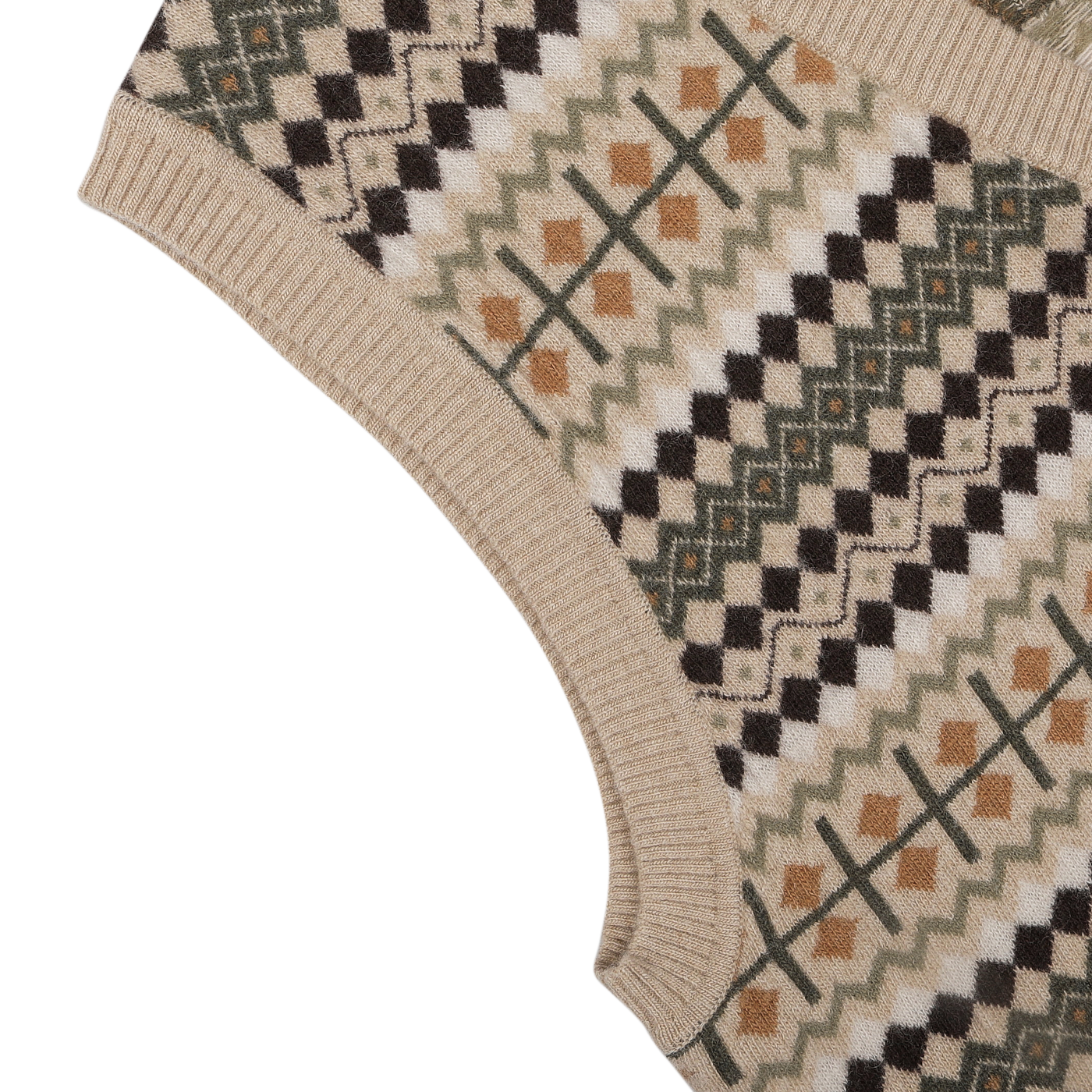 Close-up of the Taupe Beige Merino Wool Patterned Slipover by Stenströms, showcasing a geometric pattern in green, brown, black, and white.