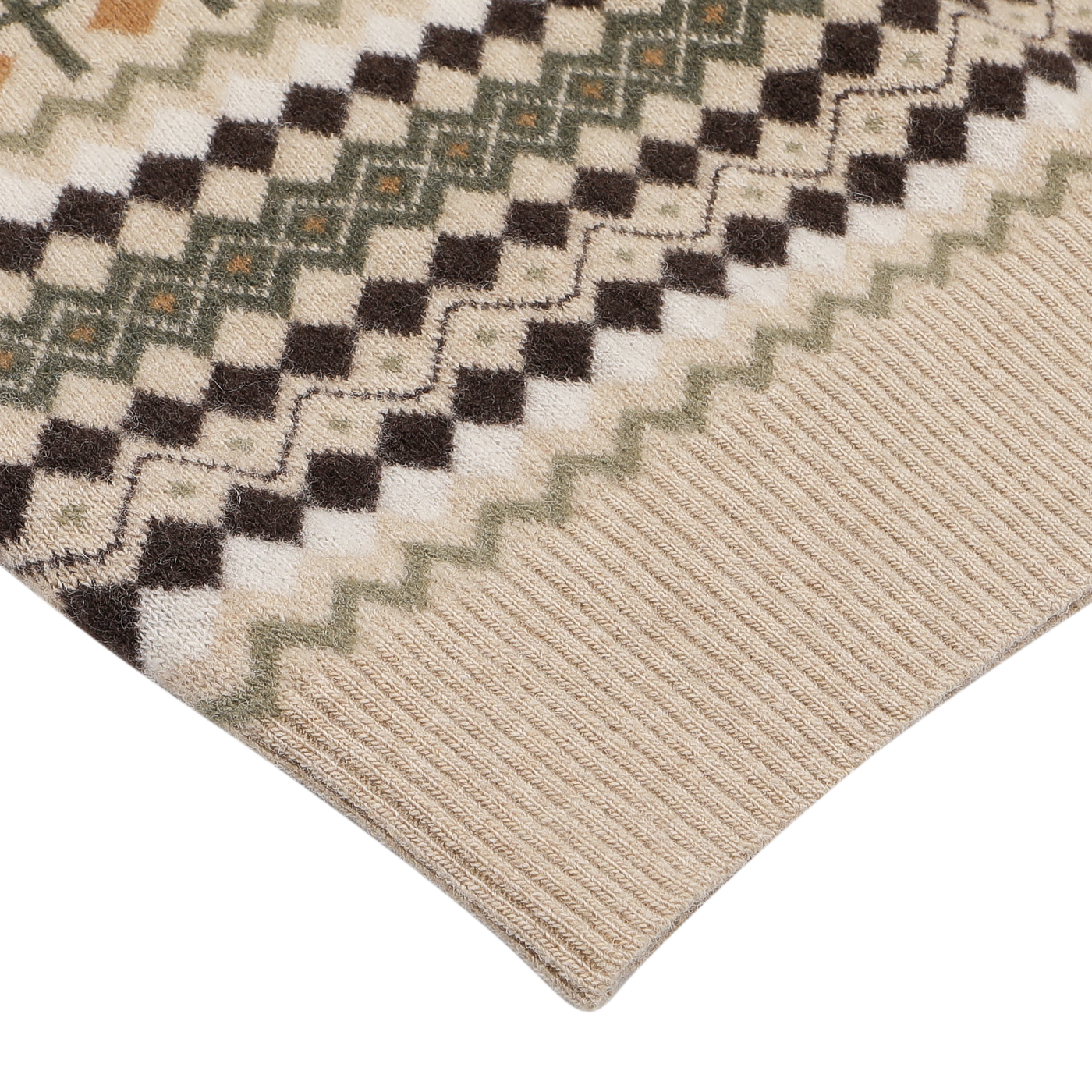 Presenting a detailed view of the Taupe Beige Merino Wool Patterned Slipover by Stenströms, highlighting its geometric patterns in beige, brown, green, and white shades. Made from luxurious merino wool for a soft touch and an elegant feel.