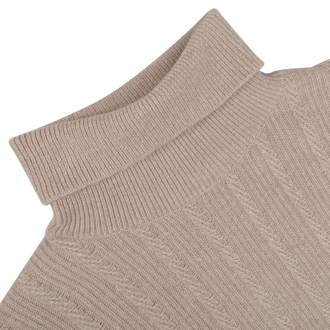 Close-up of the Taupe Beige Structured Merino Rollneck by Stenströms on a light gray background. The textured merino wool fabric is visible, highlighting a classic cable knit pattern ideal for any capsule collection.