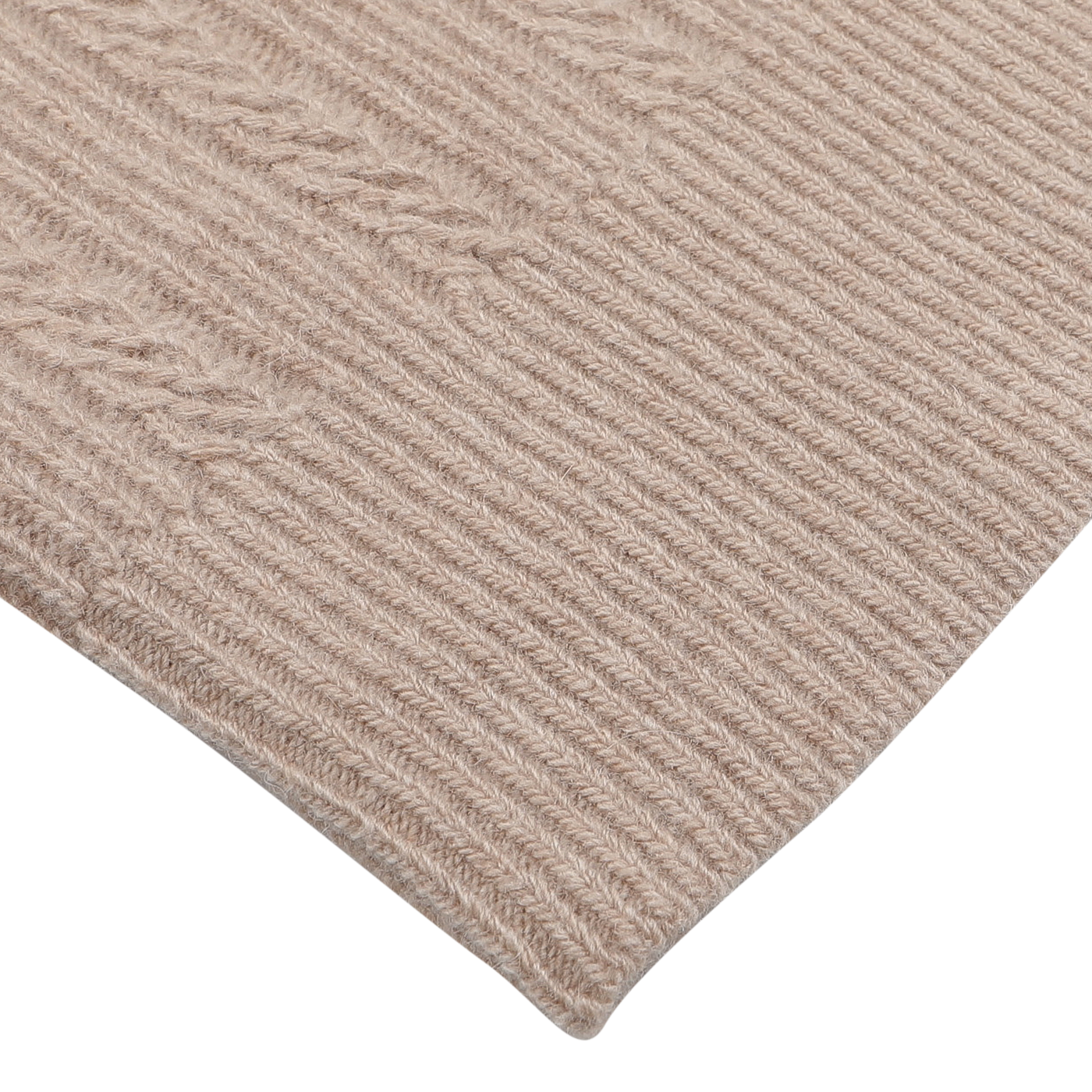 Close-up of the Stenströms Taupe Beige Structured Merino Rollneck, showcasing its luxurious merino wool fabric with ribbed and textured patterns on a light gray background.