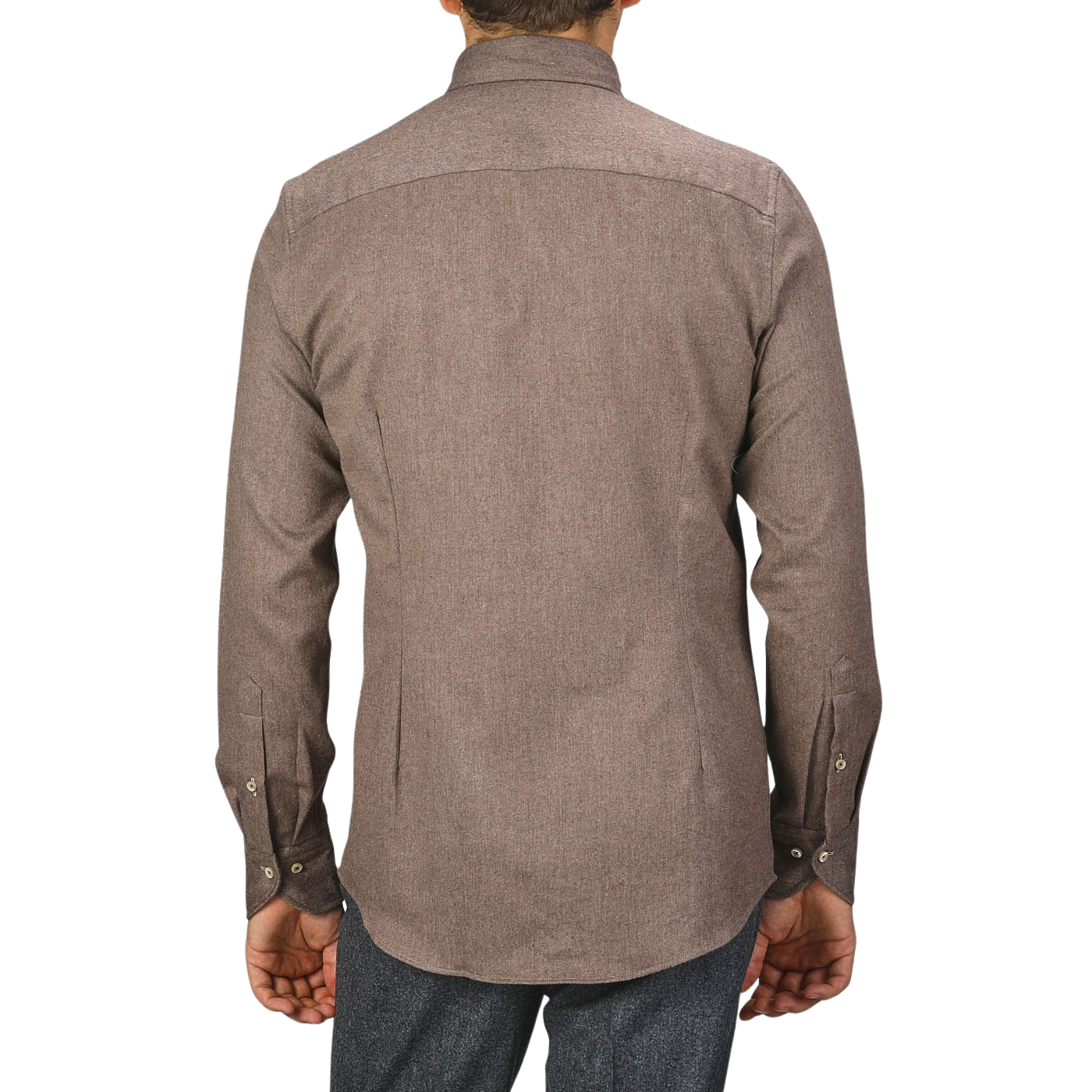 A person wearing a Taupe Brown Cotton Flannel Fitted Body BD Shirt by Stenströms and dark pants is shown from the back.