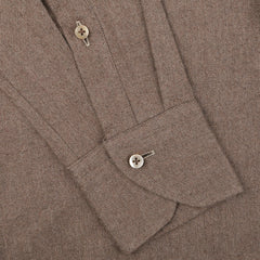 Close-up view of the Taupe Brown Cotton Flannel Slimline BD Shirt by Stenströms, featuring a textured long sleeve design made of brushed cotton twill with two beige buttons on the cuff and one button on the sleeve placket.