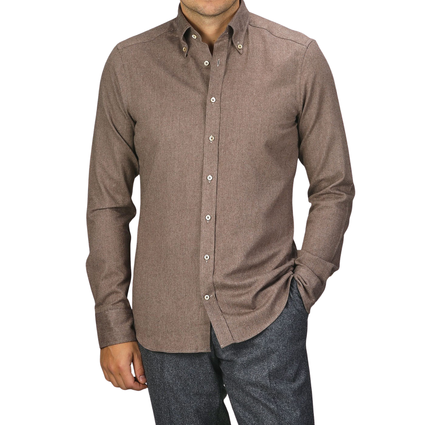 A person wearing the Stenströms Taupe Brown Cotton Flannel Fitted Body BD Shirt and grey trousers, with one hand in their pocket. The person's face is not visible.