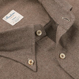 Close-up of the Stenströms Taupe Brown Cotton Flannel Slimline BD Shirt, highlighting three beige buttons and a folded collar. This shirt features brushed cotton twill for added comfort and style.