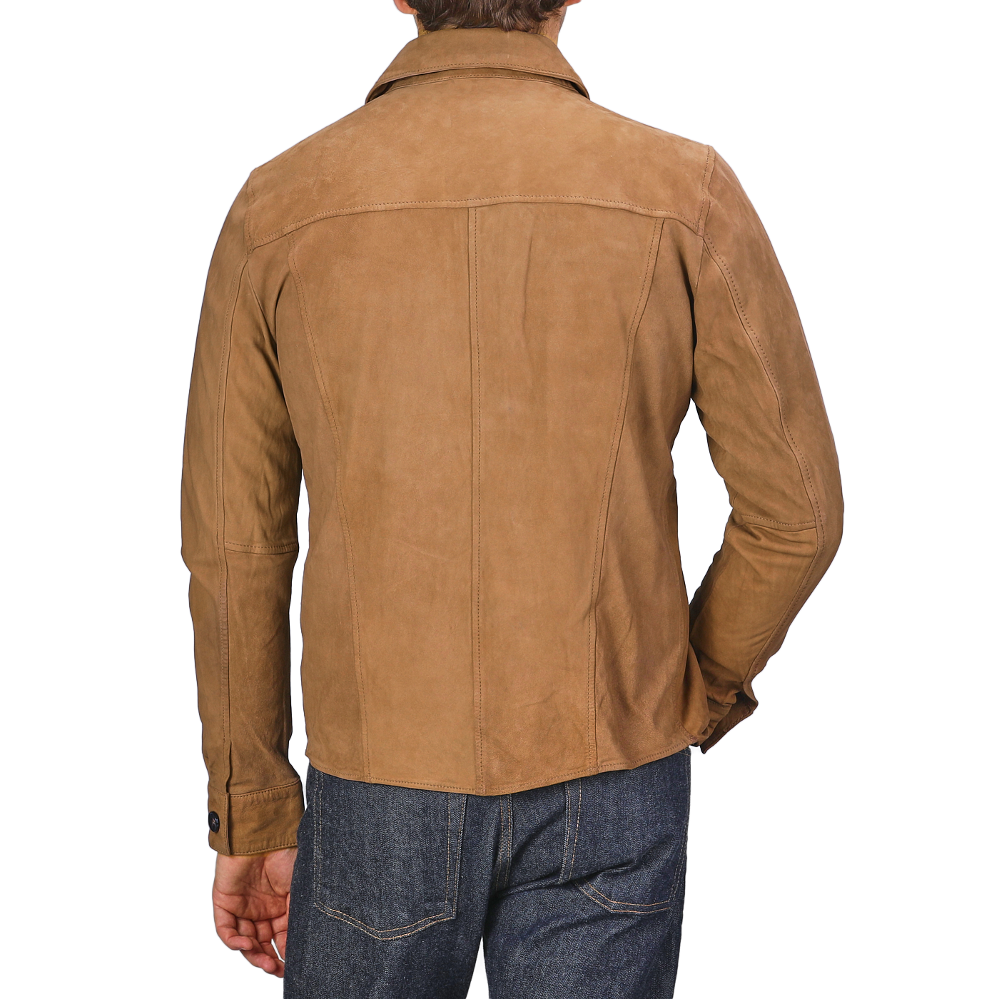 A person is seen from the back wearing a Tobacco Brown Lamb Suede Overshirt from Stenströms, paired with regular-fit jeans.