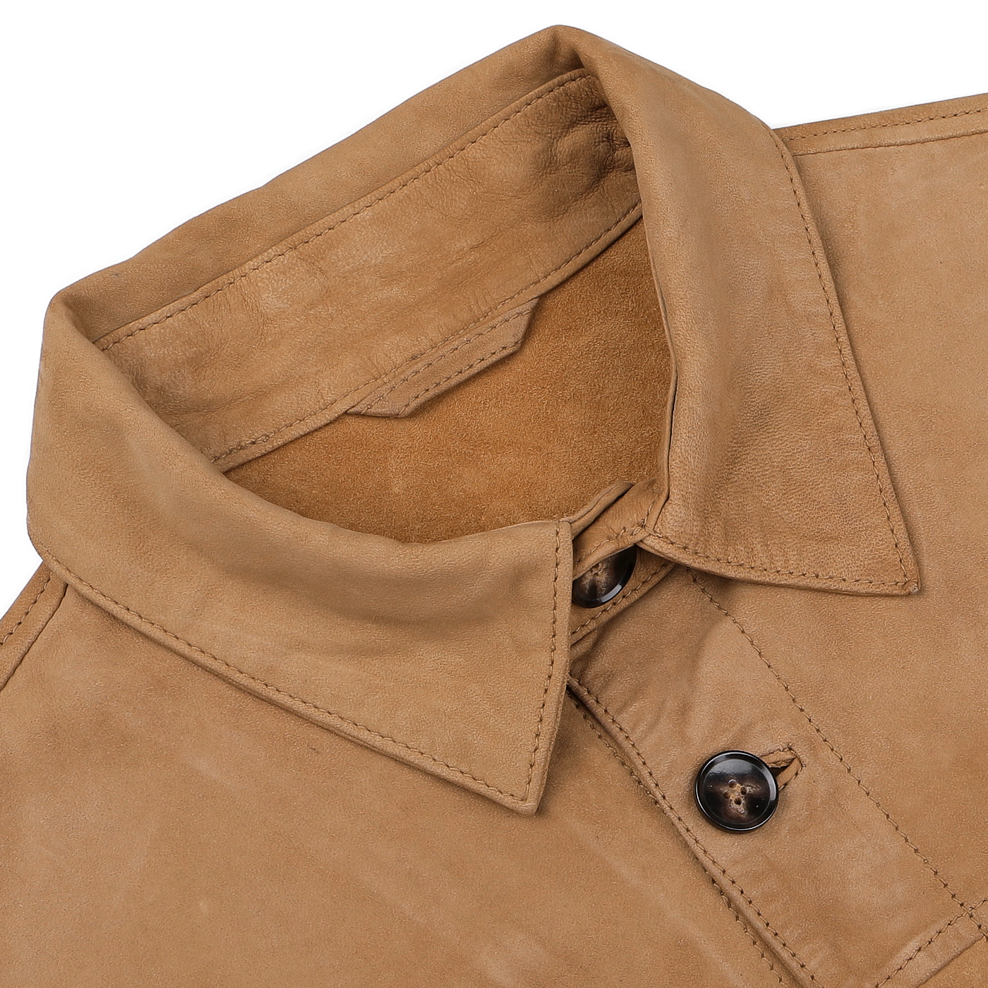 Close-up of the Stenströms Tobacco Brown Lamb Suede Overshirt featuring a folded collar and two visible buttons, crafted from luxurious lambskin for a regular fit.