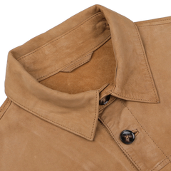 Close-up of the Stenströms Tobacco Brown Lamb Suede Overshirt featuring a folded collar and two visible buttons, crafted from luxurious lambskin for a regular fit.