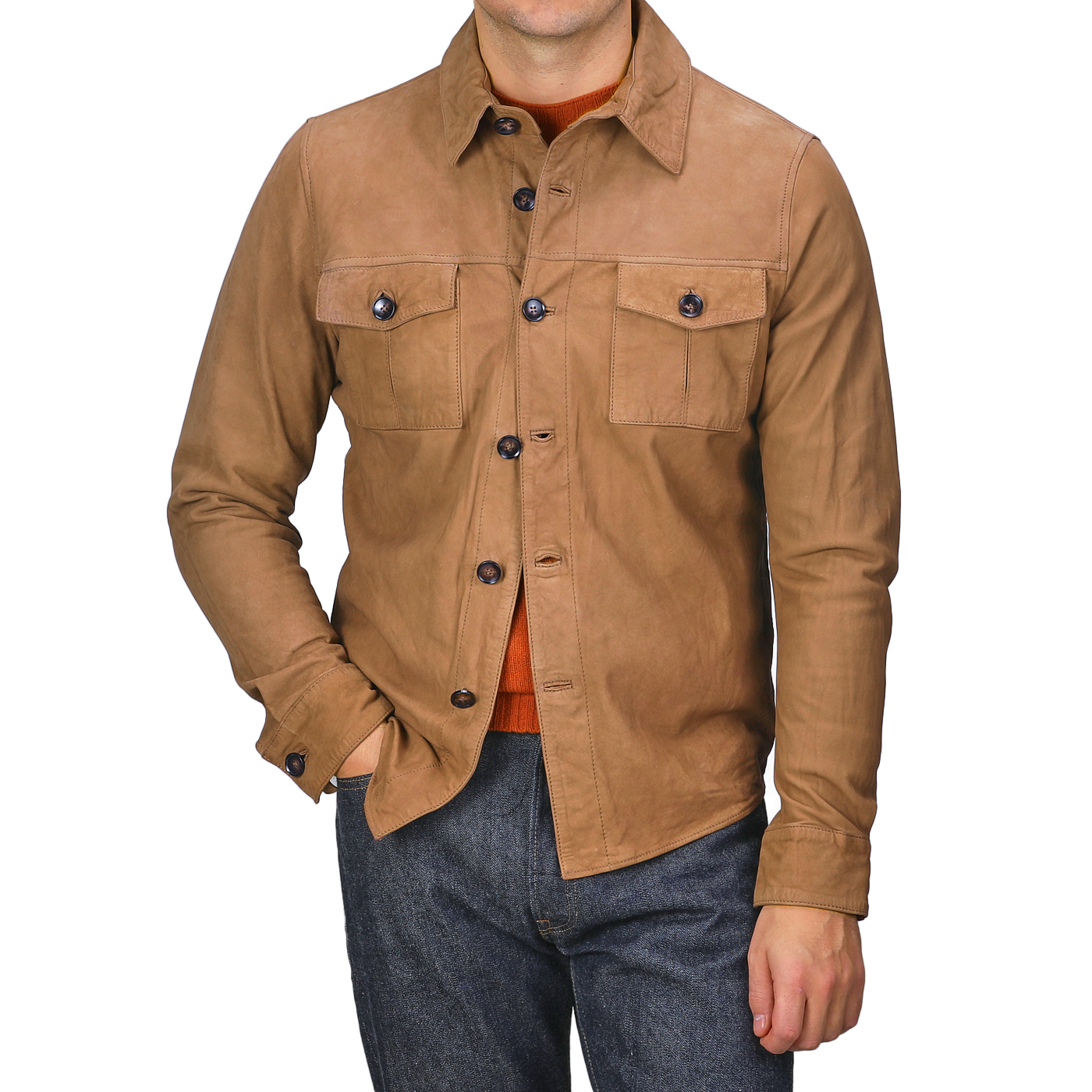 A person wearing a Stenströms Tobacco Brown Lamb Suede Overshirt, featuring a regular fit and two chest pockets, paired with blue jeans. The face is not visible.