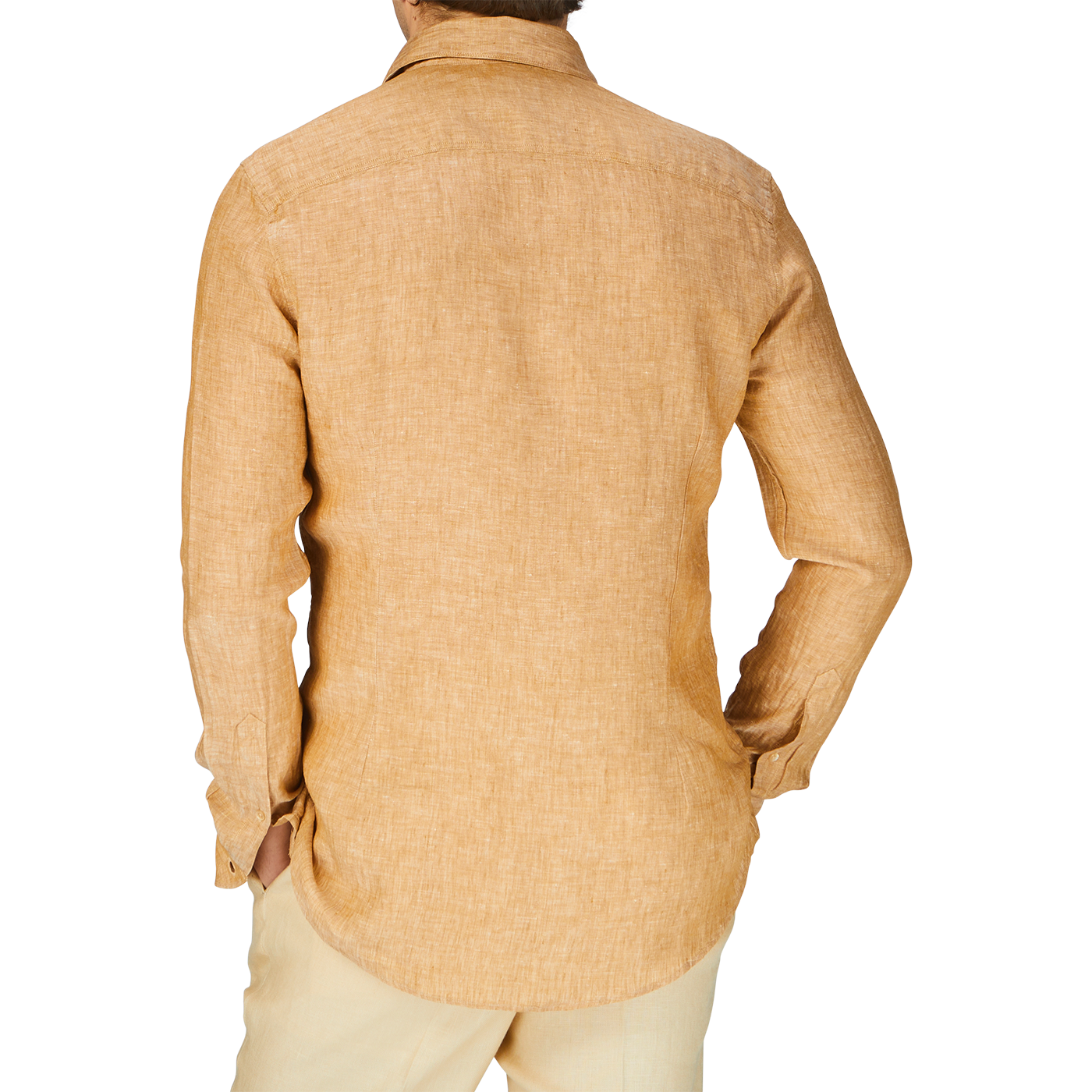 A man in a Tobacco Brown Linen Slimline Shirt by Stenströms, seen from behind.