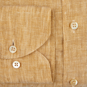 A close-up of a Tobacco Brown Linen Fitted Body Shirt by Stenströms, perfect for summer.