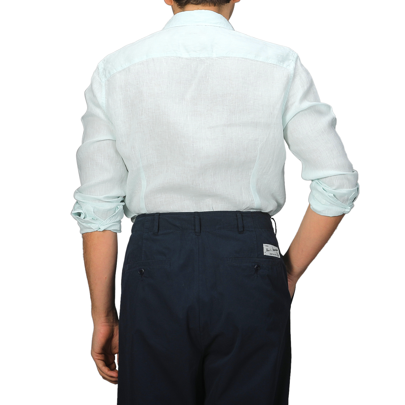 From behind, the individual sports a Stenströms Turquoise Linen Cutaway Slimline Shirt, ideal for summer essentials, paired with dark pants.