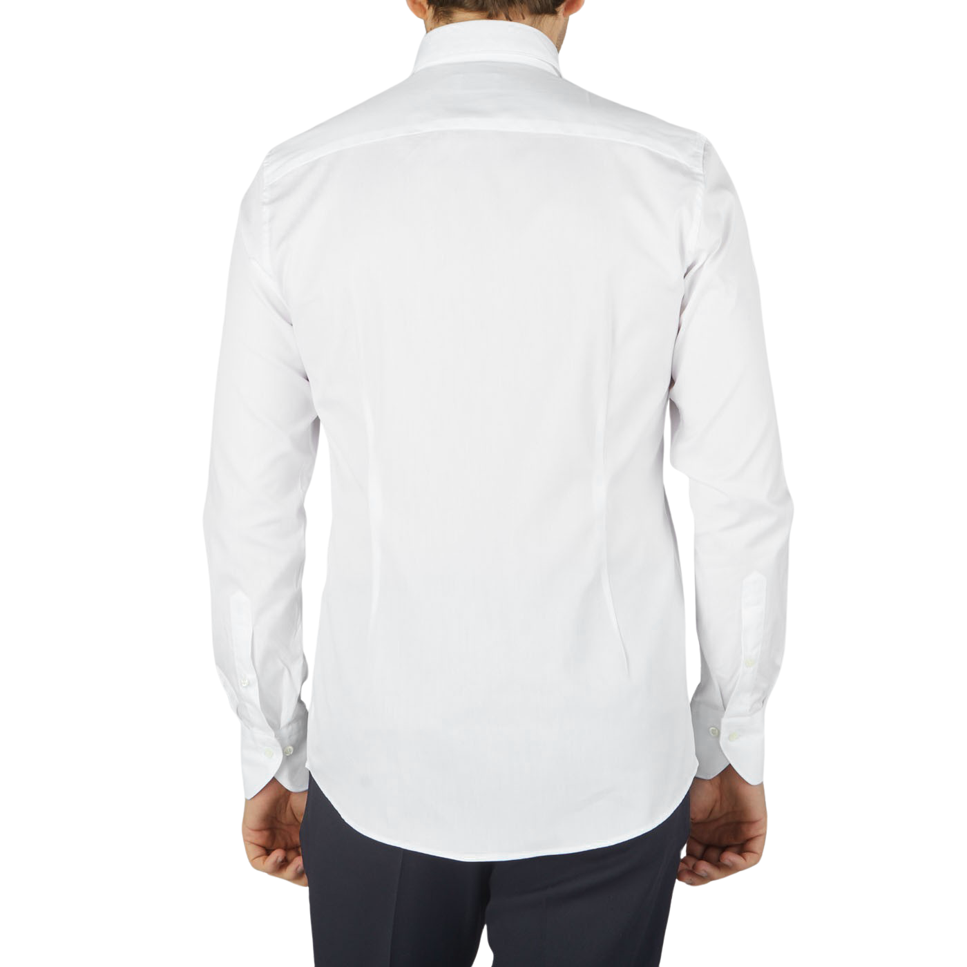 The back view of a man wearing a Stenströms White Cotton Oxford Fitted Body BD Shirt.
