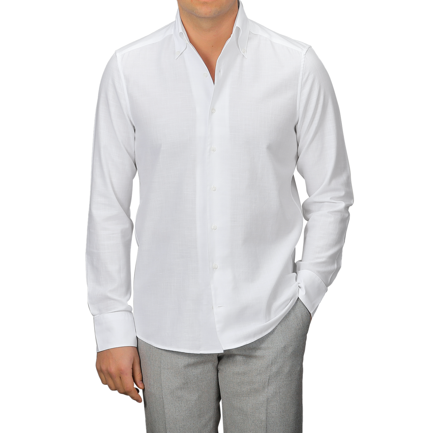 Someone wearing a White Soft Cotton BD Slimline Shirt by Stenströms and gray pants stands against a plain background.