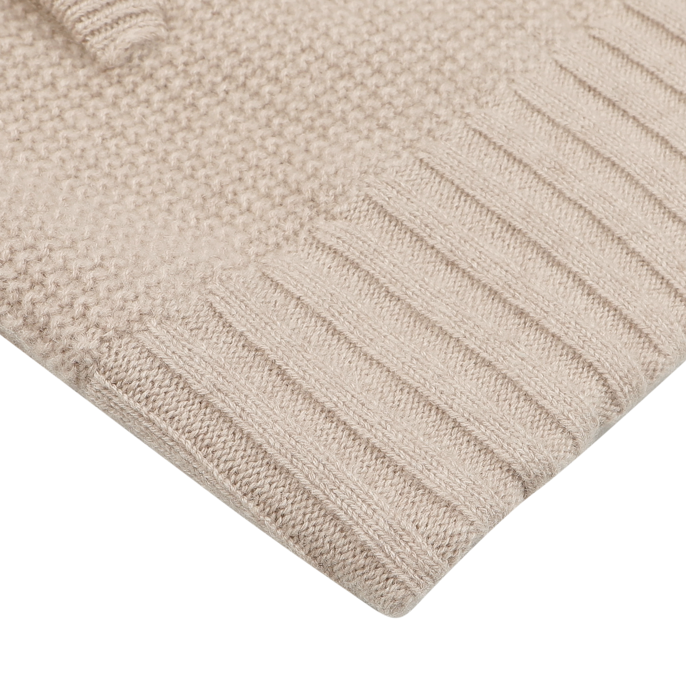 Close-up of a light beige cashmere fur collar cardigan by Stile Latino, highlighting the intricate ribbed cuffs and textured fabric.