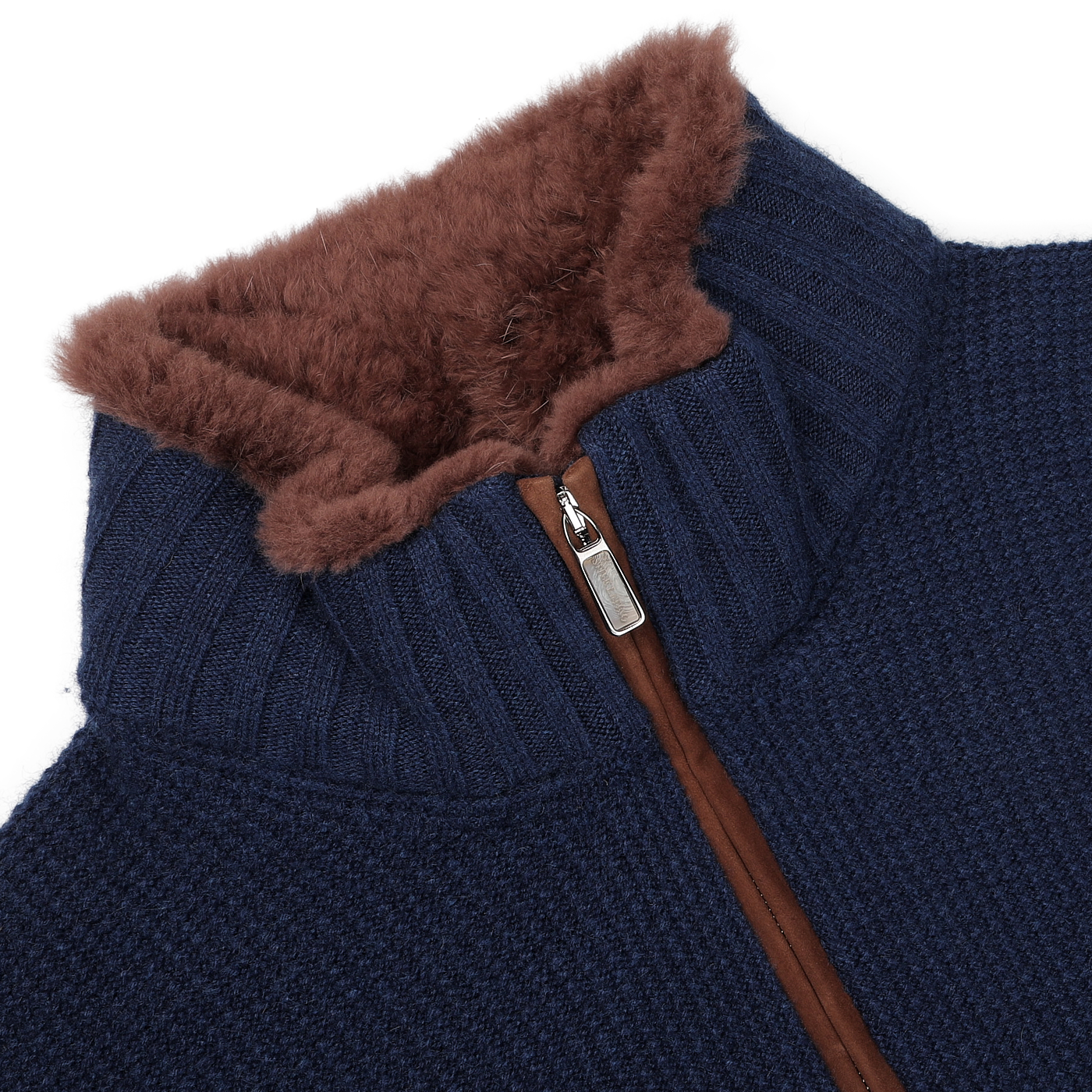 Close-up of the Royal Blue Cashmere Fur Collar Cardigan by Stile Latino, featuring a plush brown faux fur lining on the collar for both style and warmth.