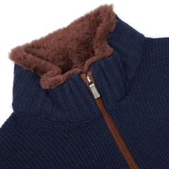 Close-up of the Royal Blue Cashmere Fur Collar Cardigan by Stile Latino, featuring a plush brown faux fur lining on the collar for both style and warmth.