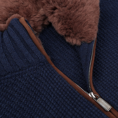 Close-up of the Stile Latino Royal Blue Cashmere Fur Collar Cardigan, showcasing its luxurious beaver fur collar and elegant silver zipper.