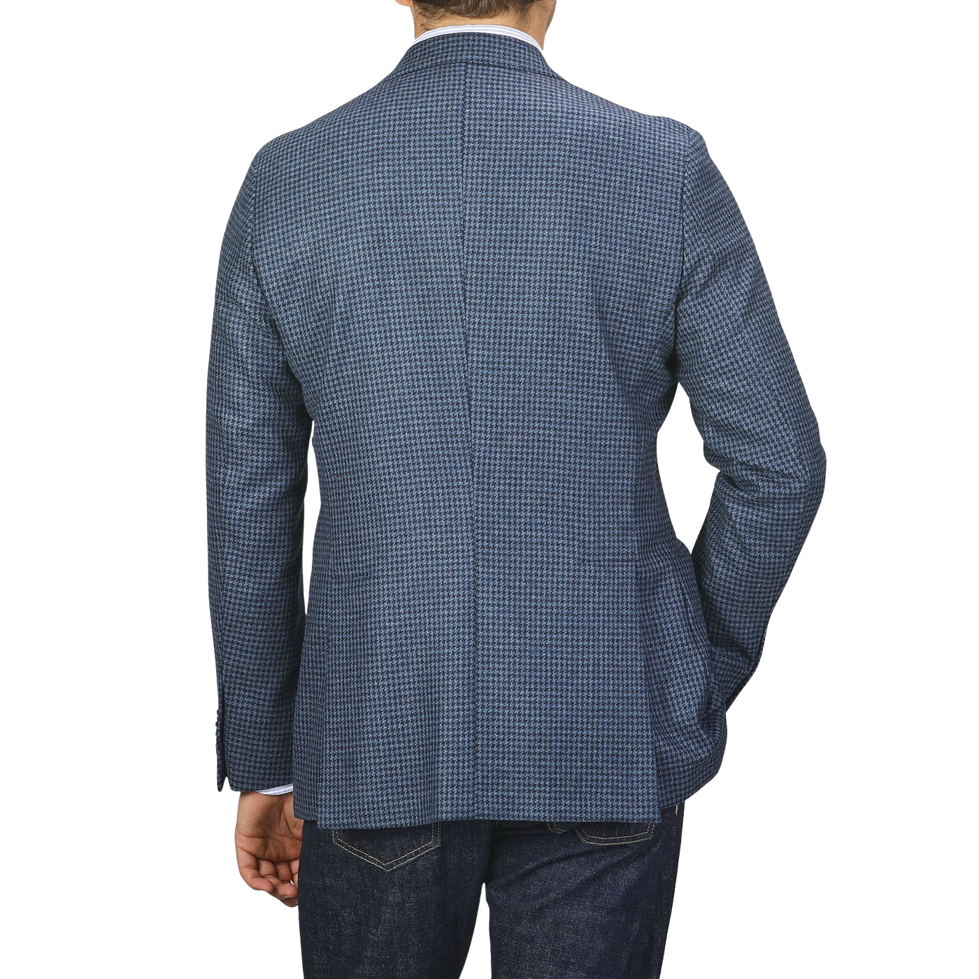 A person wearing Studio 73's Blue Houndstooth Wool Flannel Blazer and dark jeans is shown from the back against a plain background.