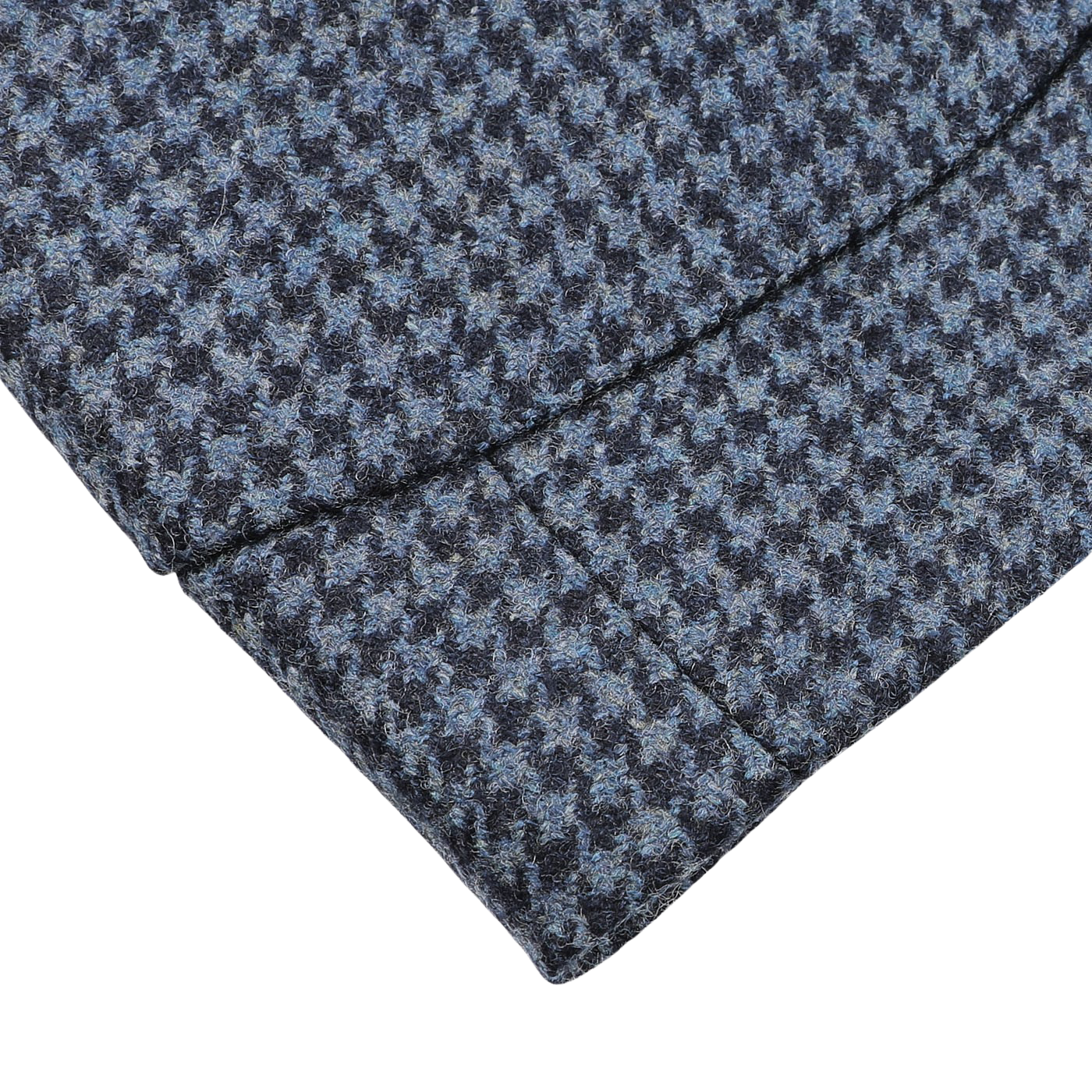 Close-up of a Studio 73 Blue Houndstooth Wool Flannel Blazer corner, showcasing its neatly stitched seams and intricate pattern.