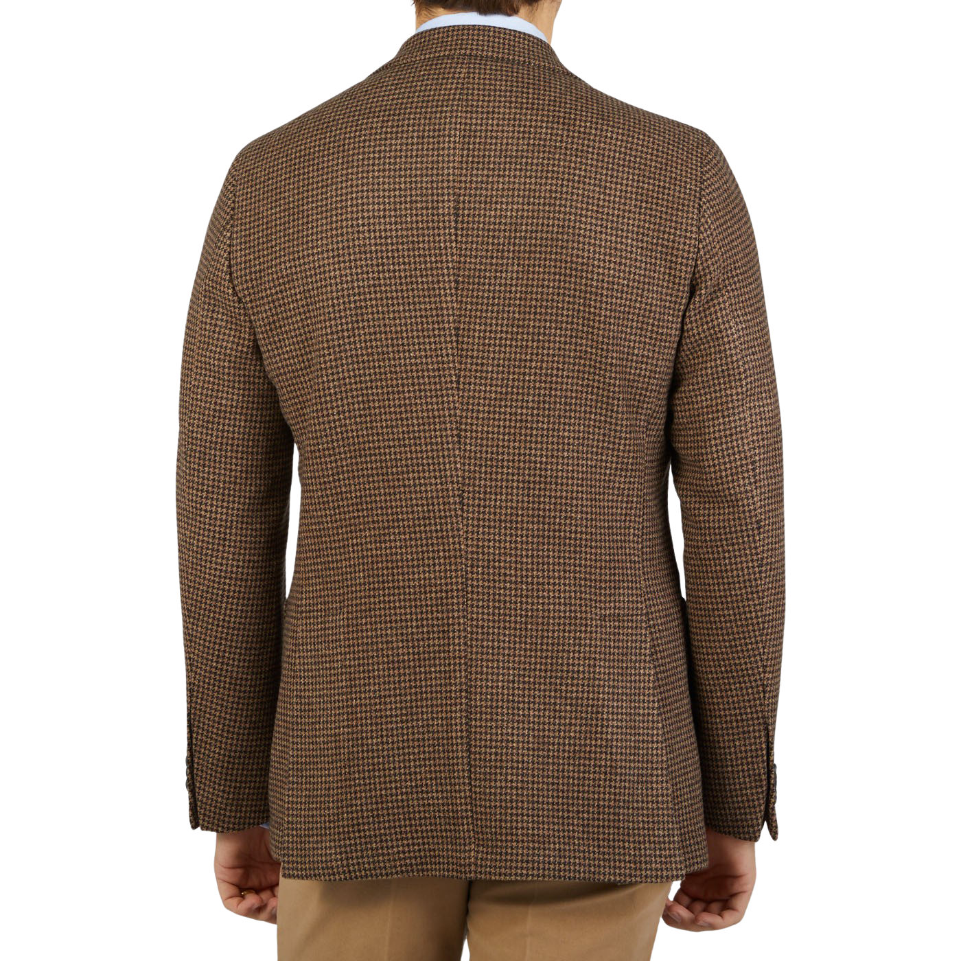 The back view of a man wearing a Studio 73 Brown Houndstooth Wool Cashmere Blazer.