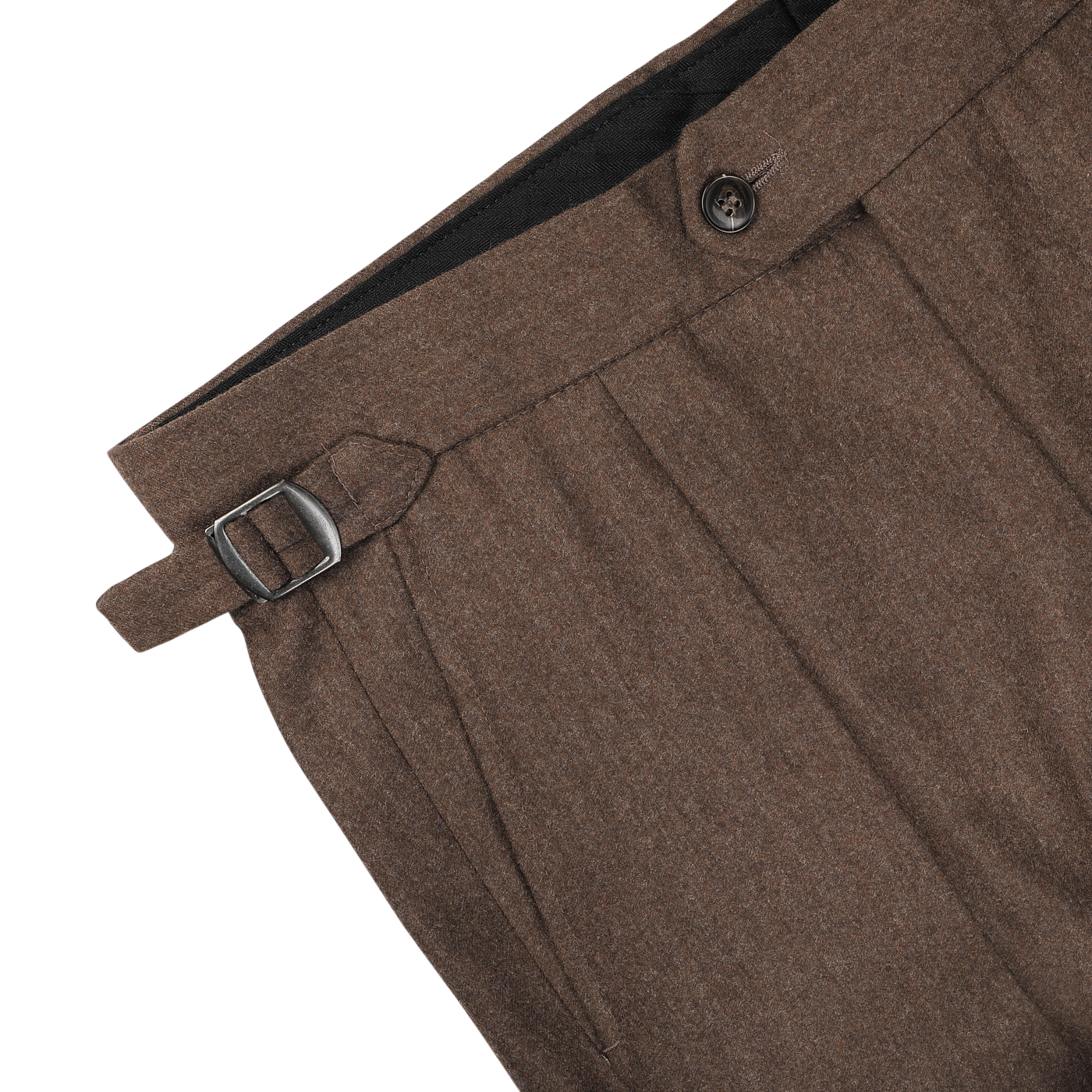 A close-up image of Studio 73's Brown Melange Wool Flannel Pleated Trousers showcasing a high-waist design with a belt loop and buckle, complemented by a button closure. The waistband features pleats, detailed stitching, and premium pure wool flannel fabric for an added touch of sophistication.