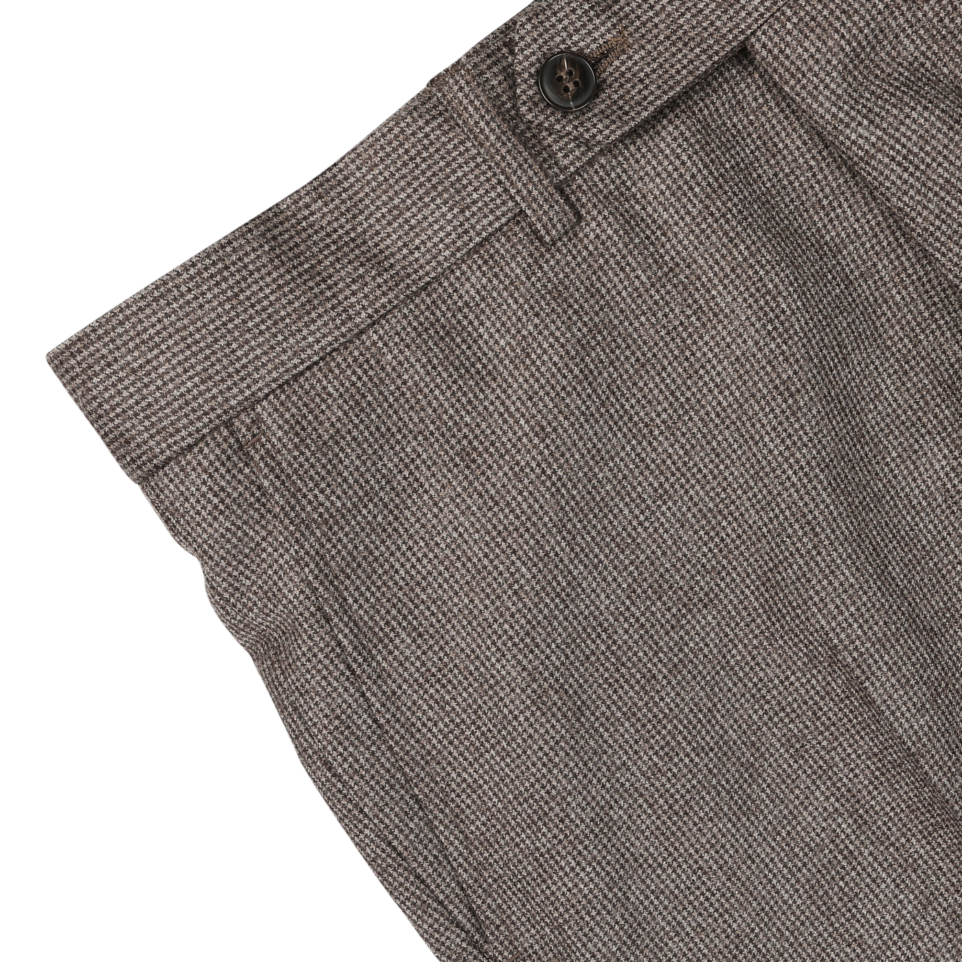 Close-up of the brown micro-houndstooth Studio 73 regular fit trousers, crafted from pure wool flannel, with a button and belt loop visible at the waist.