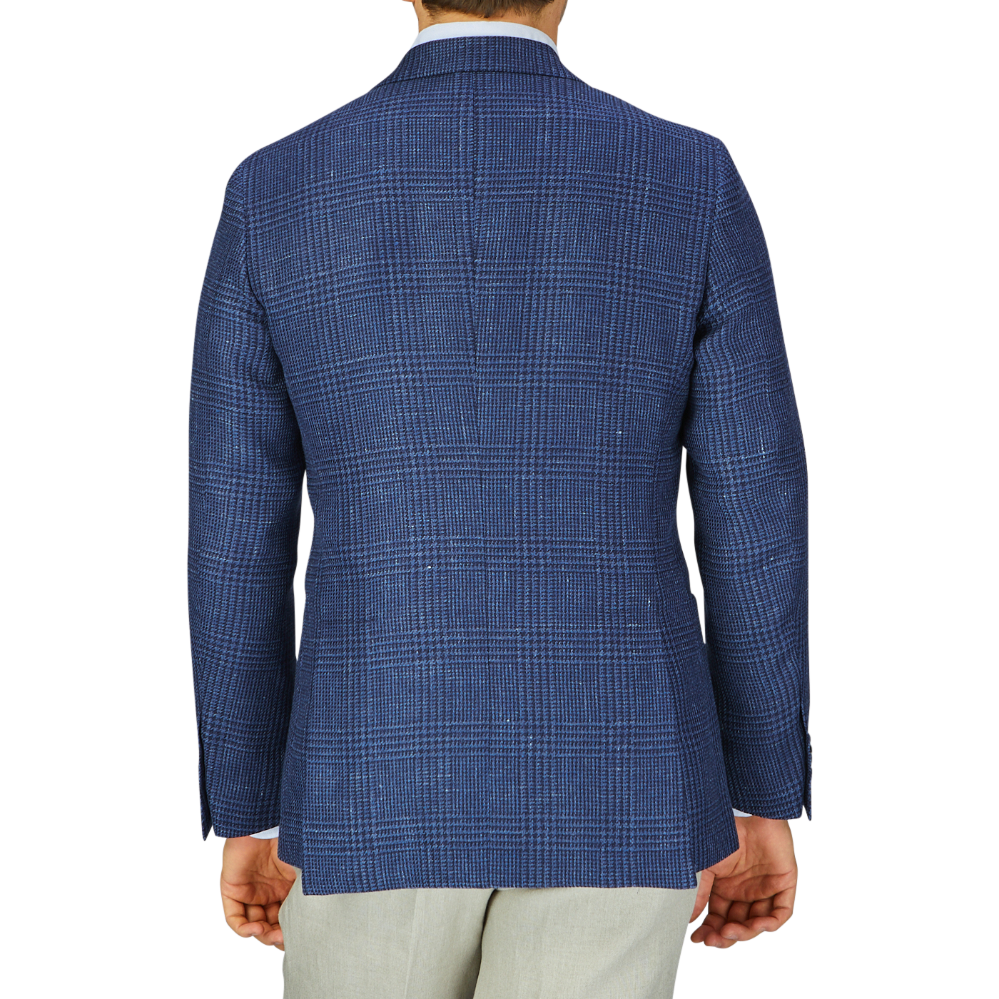 Rear view of a person wearing a blue Studio 73 Dark Blue Checked Wool Linen Blazer.