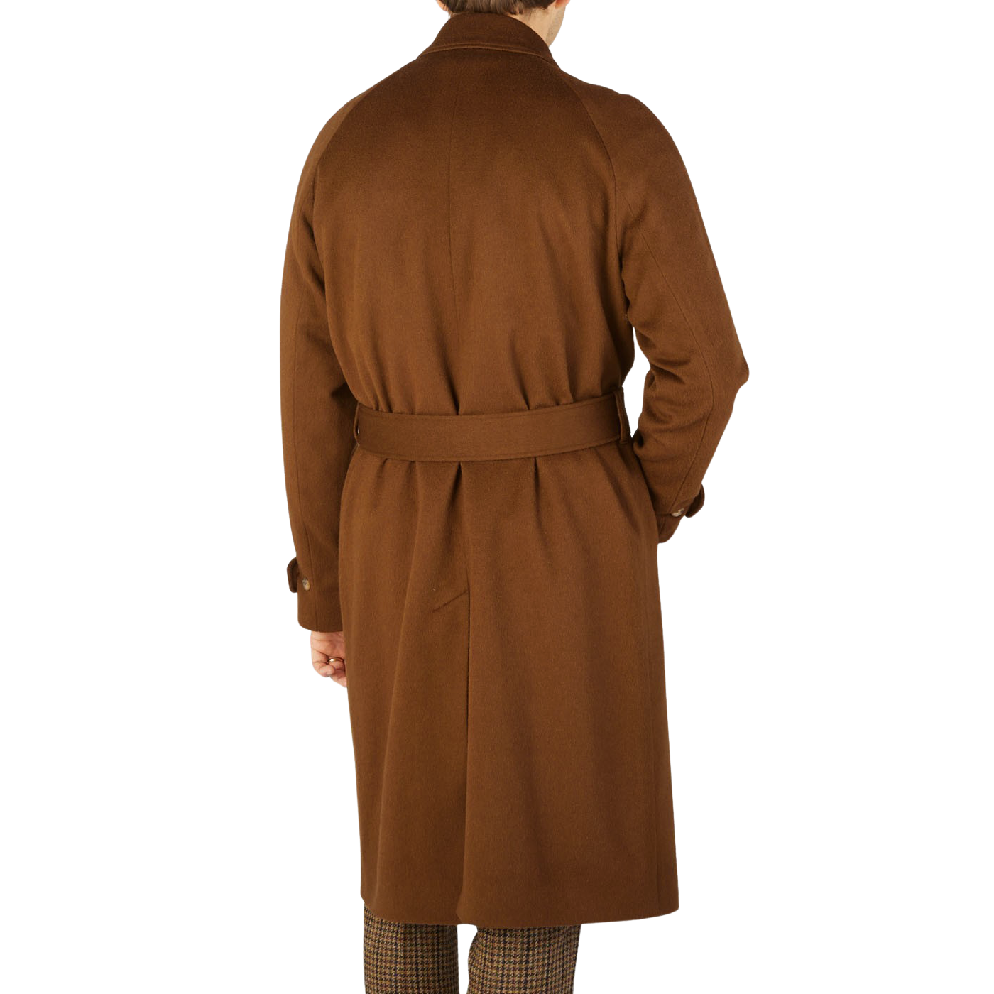The back view of a man wearing Studio 73's Dark Brown Camel Wool Cashmere Raglan Coat.