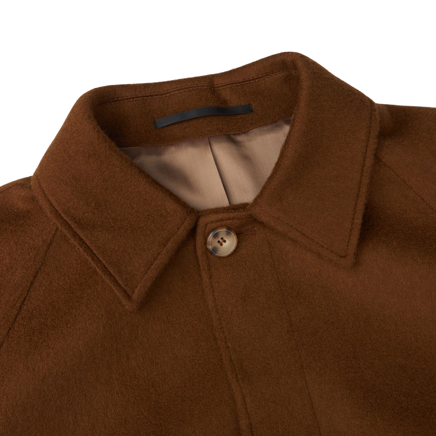 A close up of a Dark Brown Camel Wool Cashmere Raglan Coat from Studio 73.