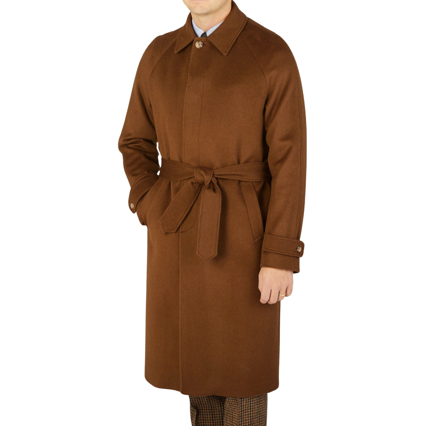 A contemporary man with a Studio 73 twist, confidently sporting a Dark Brown Camel Wool Cashmere Raglan Coat.