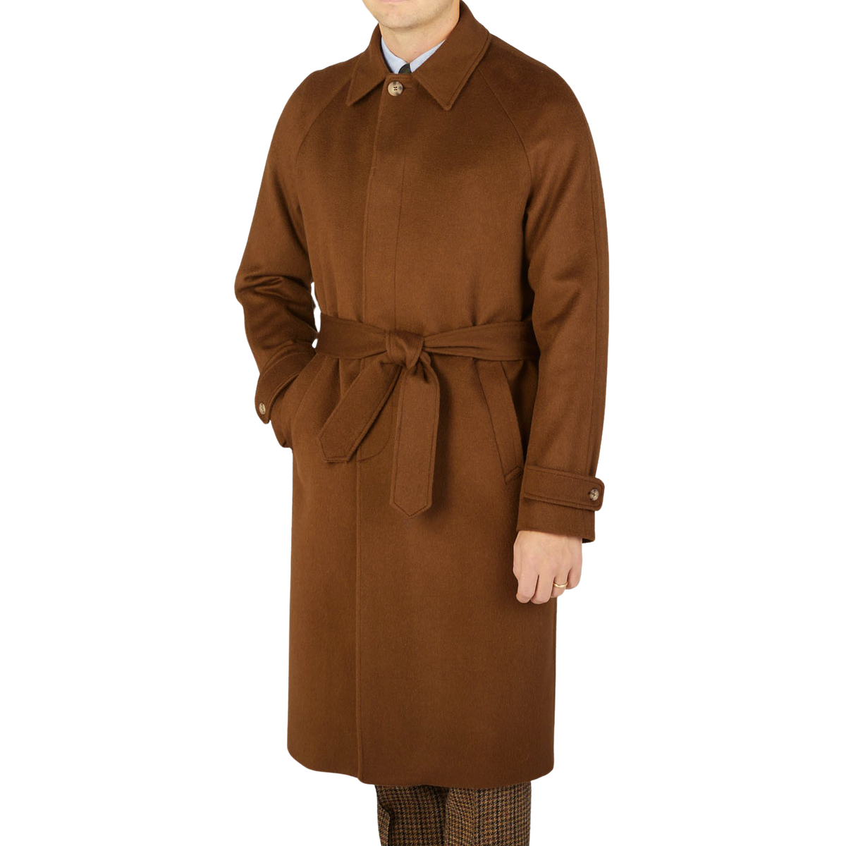 A contemporary man with a Studio 73 twist, confidently sporting a Dark Brown Camel Wool Cashmere Raglan Coat.