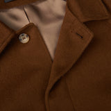 A close up image of a Dark Brown Camel Wool Cashmere Raglan Coat from Studio 73.