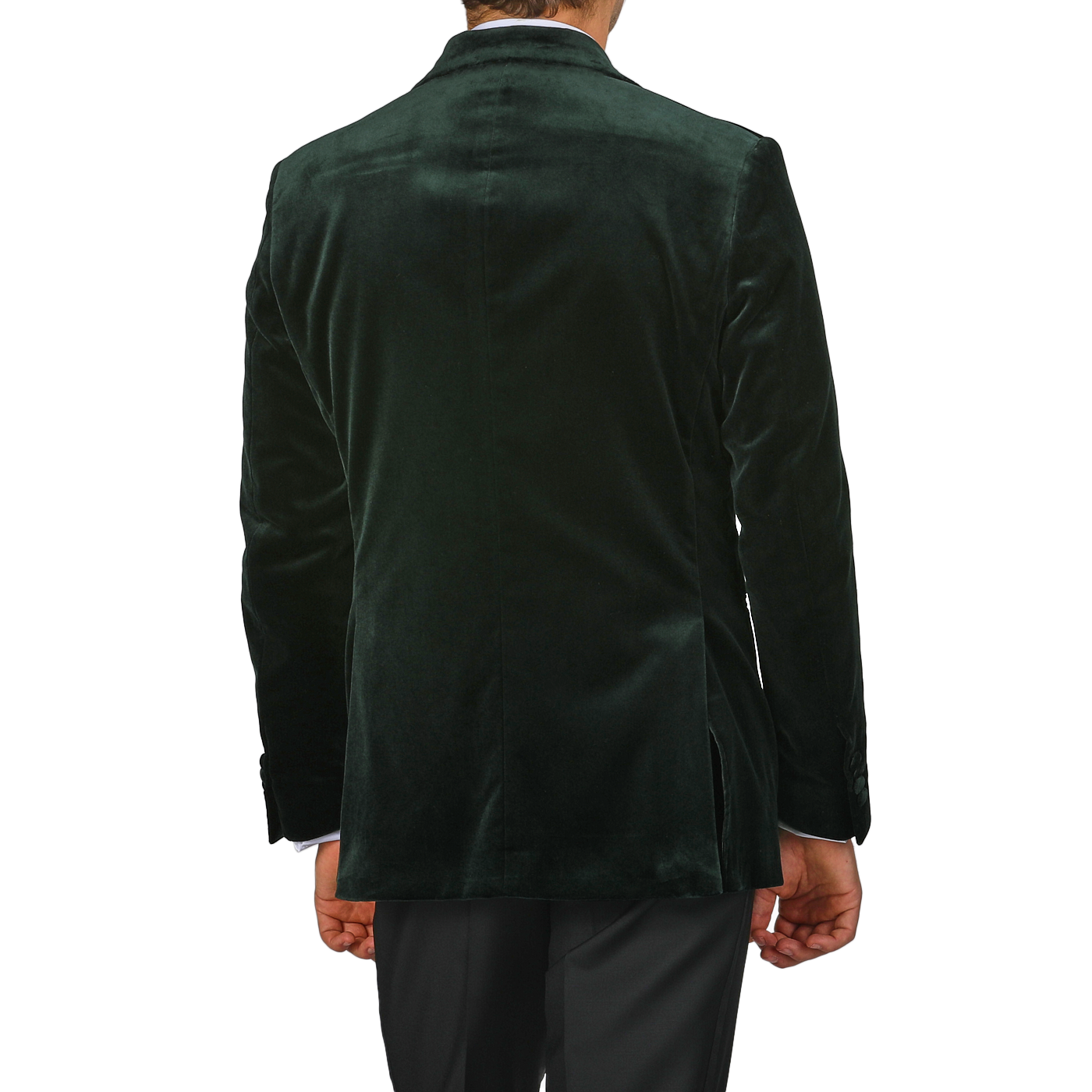 A person wearing the Studio 73 Dark Green Cotton Velvet Dinner Jacket is viewed from the back against a plain background, radiating an aura of sophisticated formal evening wear.