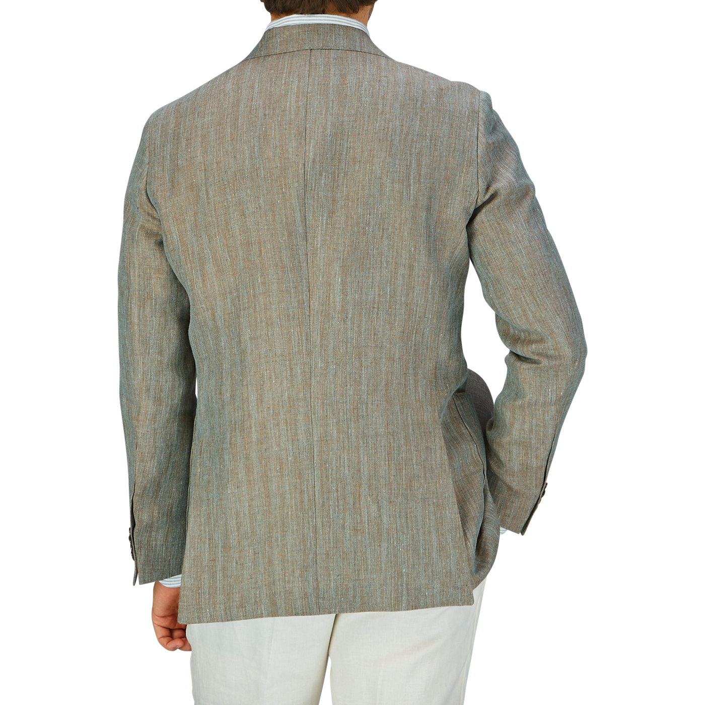 Rear view of a person wearing a Studio 73 Green Melange Herringbone Linen Blazer and white pants.