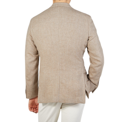 The back view of a man wearing a Studio 73 Taupe Beige Wool Herringbone Blazer.