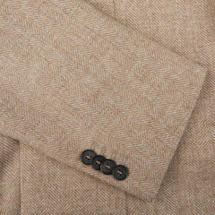 A close up of a Studio 73 Taupe Beige Wool Herringbone Blazer made from wool and cashmere.