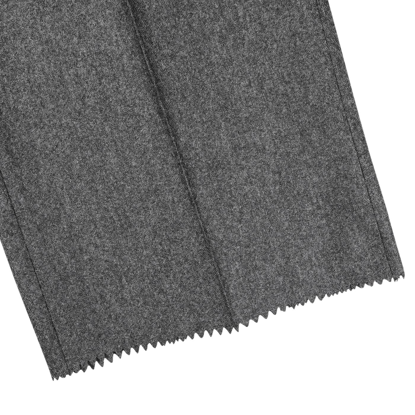 Close-up image of Studio 73's Dark Grey Wool Flannel Pleated Trousers, showcasing a seam running vertically through the pure wool material and zigzagged edges.