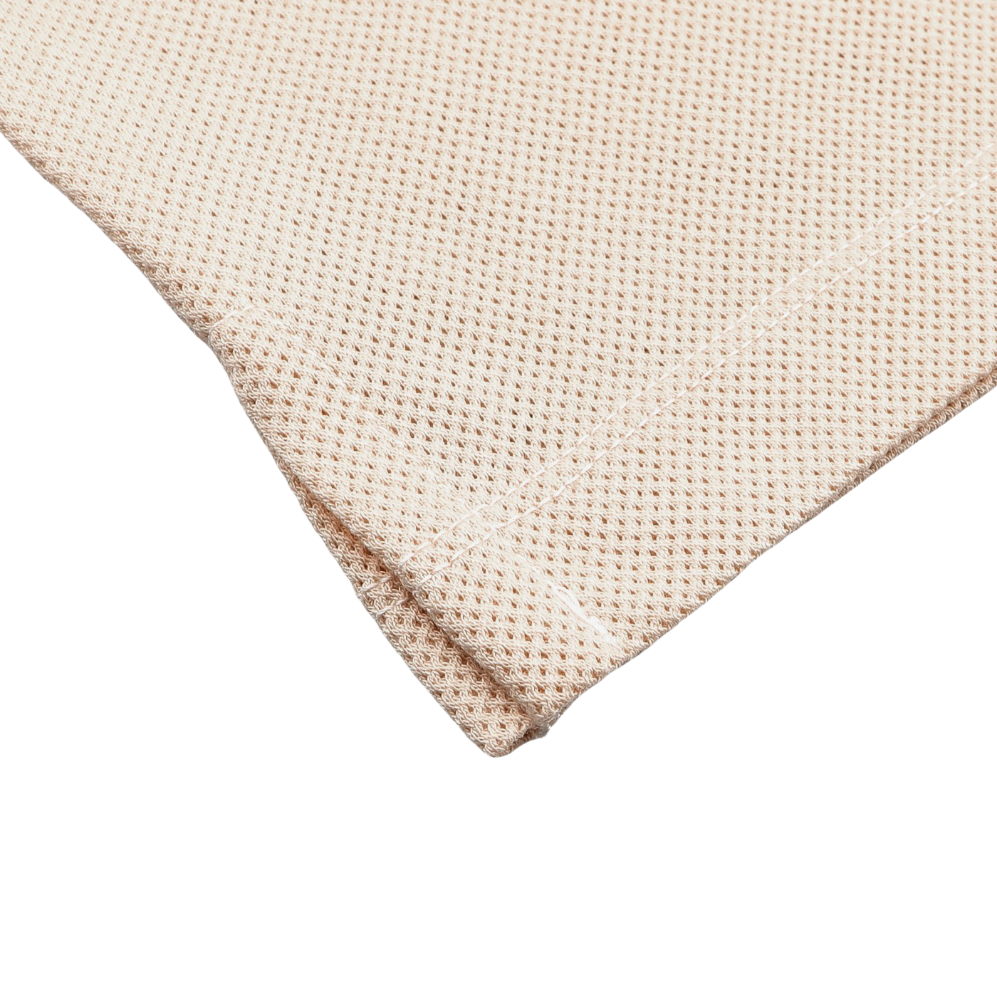 A folded corner of the Ecru Beige Cotton Riviera Polo Shirt by Sunspel is displayed against a white background, showcasing its breathable waffle-textured fabric.