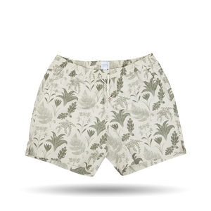 The men's Sunspel Ecru Katie Scott drawstring swim shorts with a tropical print by artist Kate Scott.