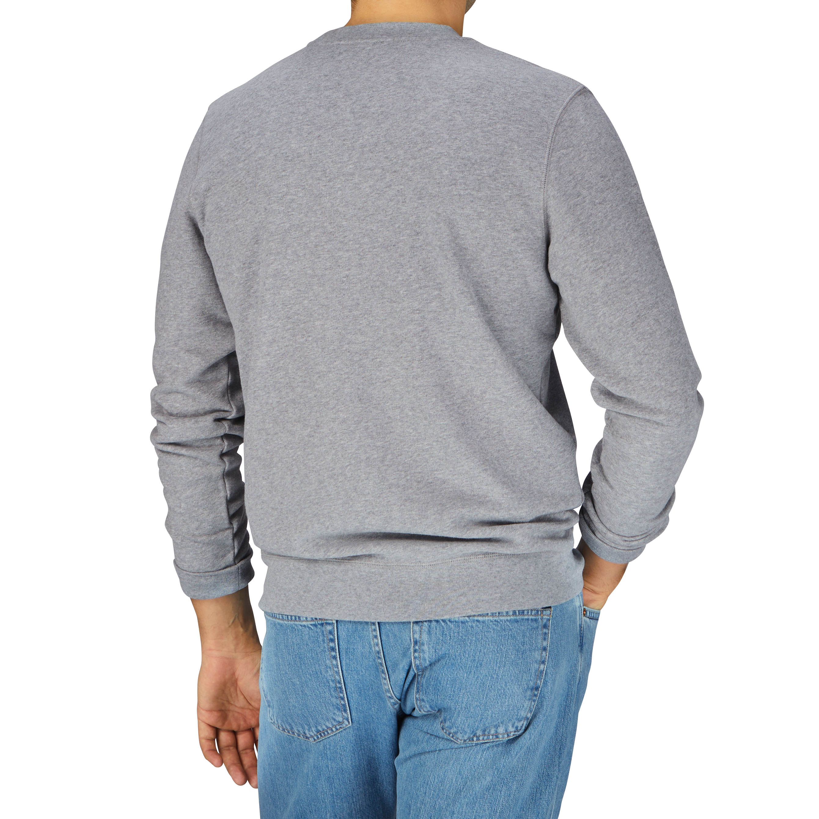 A man in a Sunspel Grey Melange Cotton Loopback Sweatshirt and jeans is seen from behind.