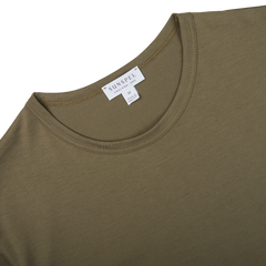 Khaki Green Classic Cotton T-Shirt by Sunspel with a classic fit and crafted from premium long-staple cotton, featuring a white "Sunspel" label in size "M.