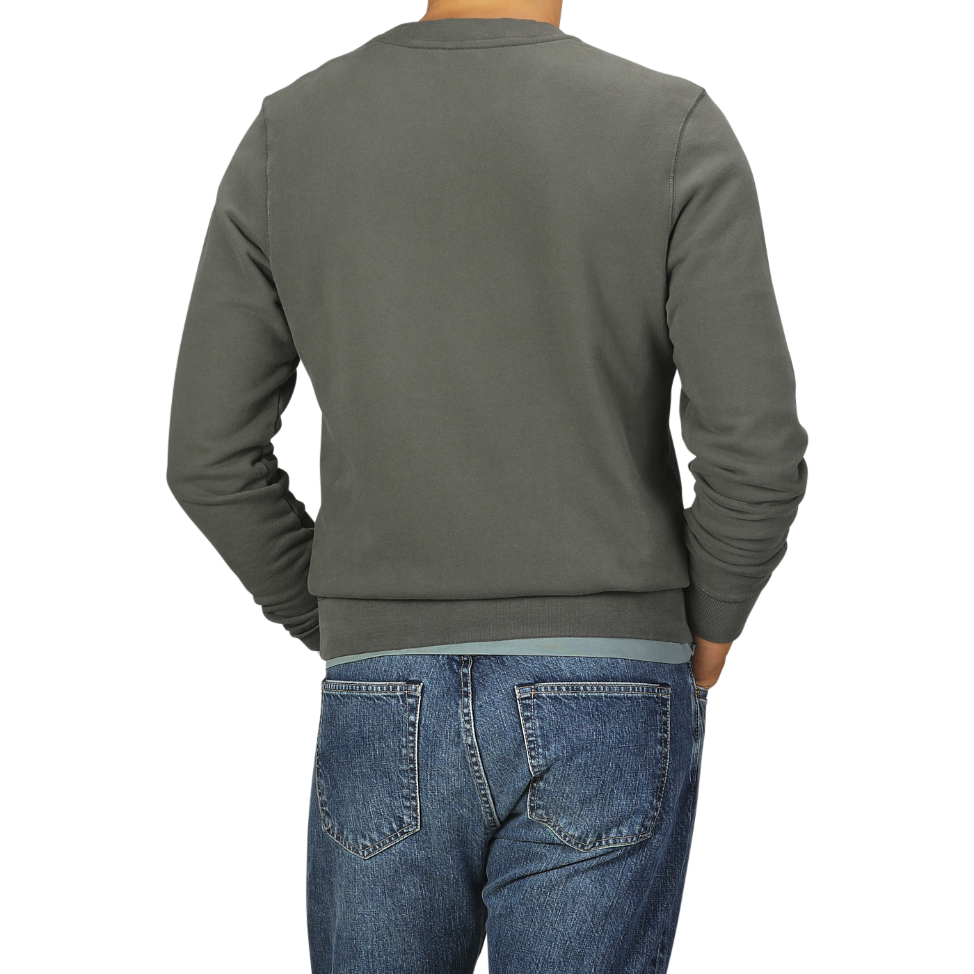 A person wearing a Khaki Green Cotton Loopback Sweatshirt by Sunspel and blue jeans is shown from the back against a plain background.