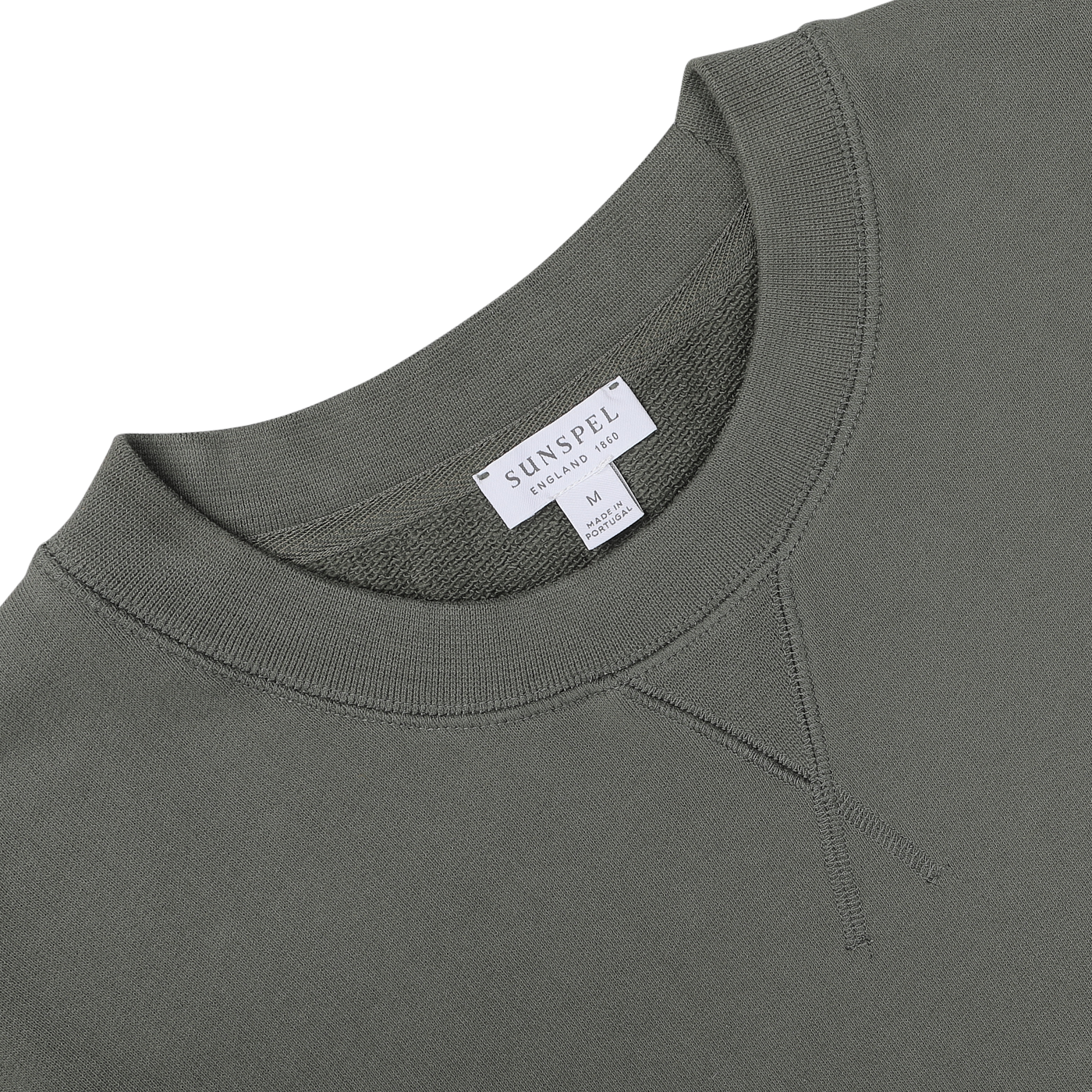 A close-up of a khaki green Sunspel Cotton Loopback Sweatshirt highlighting the collar, neckline stitching, and tag indicating size medium and cotton loopback fabric composition.