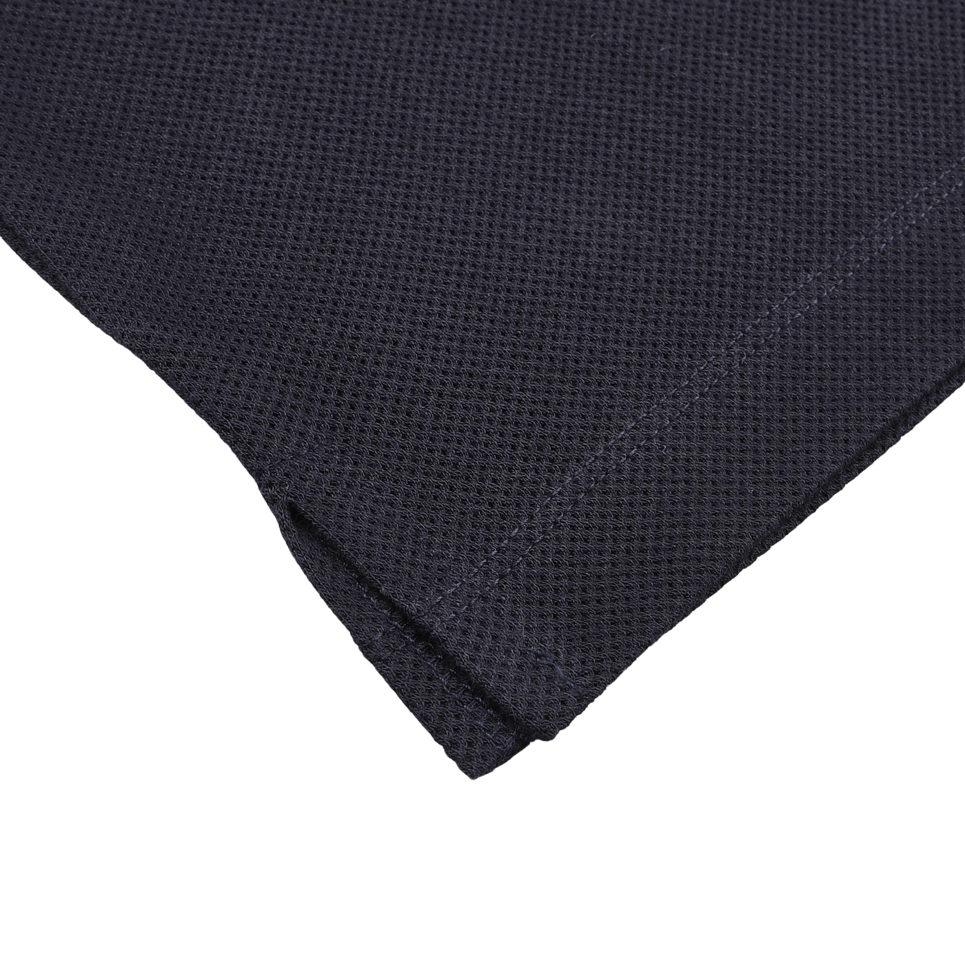 Close-up of a corner of dark, textured fabric with a waffle-like pattern, reminiscent of the Midnight Blue Cotton Riviera Polo Shirt by Sunspel, showcasing precise stitching along the edge.